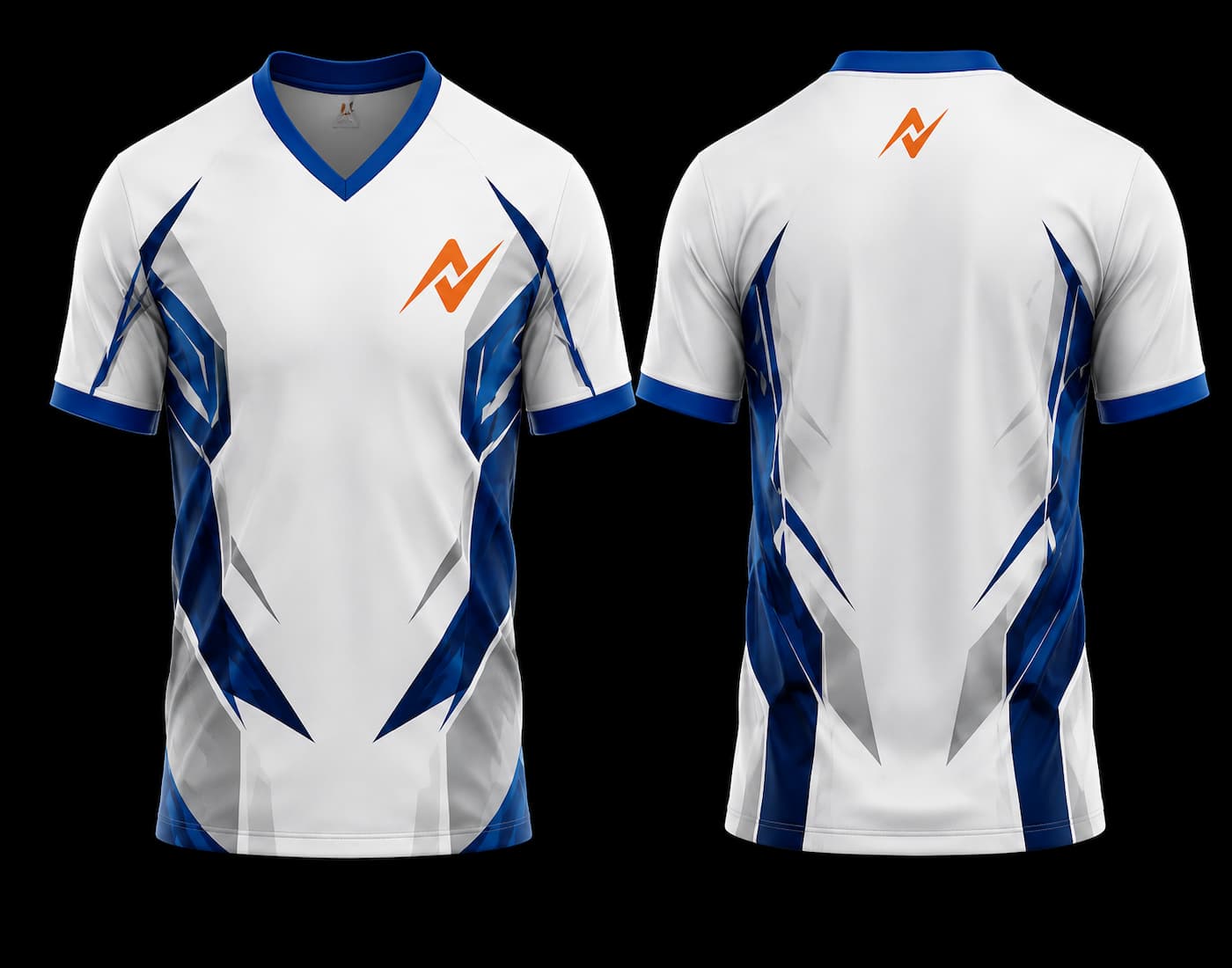 Front and back view of a white and royal blue V-neck esports jersey featuring angular geometric graphics with an orange logo on the chest and below the back neckline.