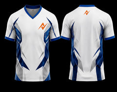 Front and back view of a white and royal blue V-neck esports jersey featuring angular geometric graphics with an orange logo on the chest and below the back neckline.