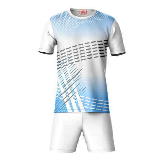 White blue black round neck sports t-shirt with white shorts co-ord set front view