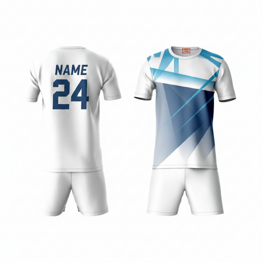White blue geometric pattern activewear t-shirt with white shorts back view
