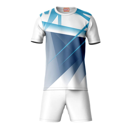 White blue geometric pattern round neck sports t-shirt with white shorts co-ord set front view