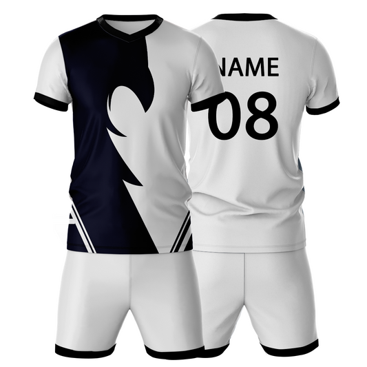 White blue geometric sports jersey with white shorts back view