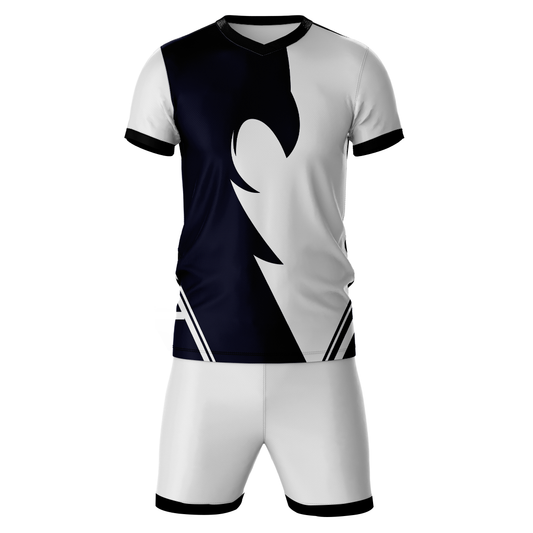 White blue geometric sports jersey with white shorts front view