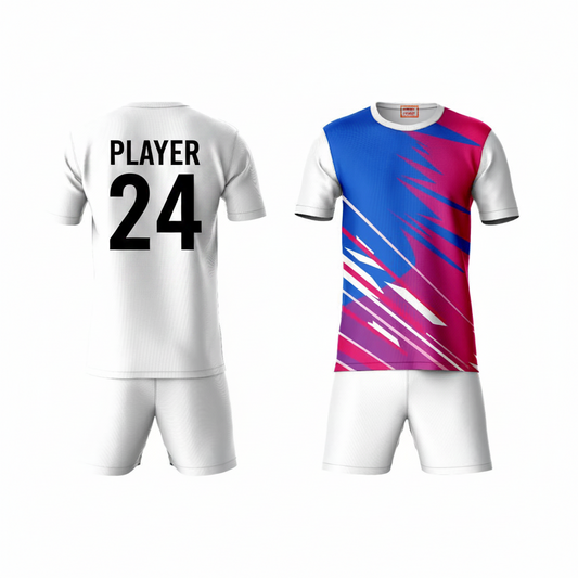 White blue red activewear t-shirt with white shorts back view