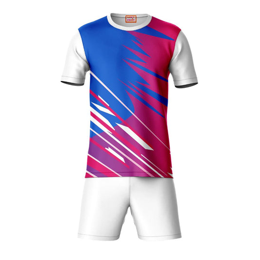 White blue red sports t-shirt with white shorts co-ord set front view