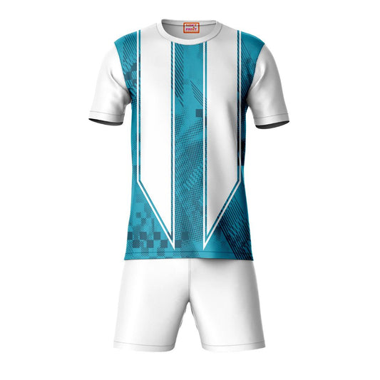White blue vertical pattern sports t-shirt with white shorts coord set front view for men