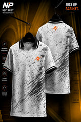 Front and back view of a white polo sports jersey featuring charcoal paint splash graphics, black collar, and premium dry-fit performance fabric.