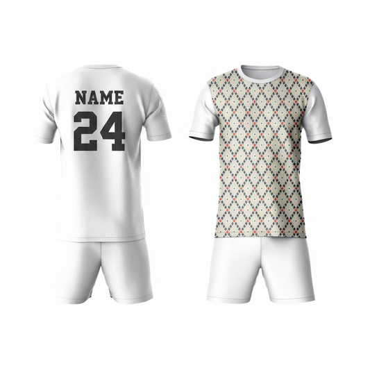 White geometric pattern activewear t-shirt with white shorts back view