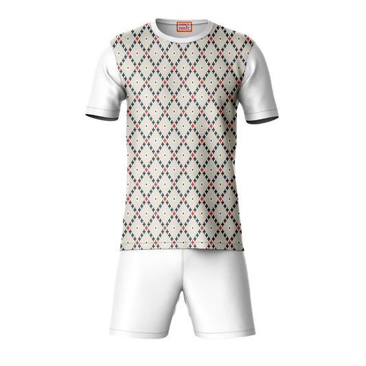 White geometric pattern sports t-shirt with white shorts co-ord set front view