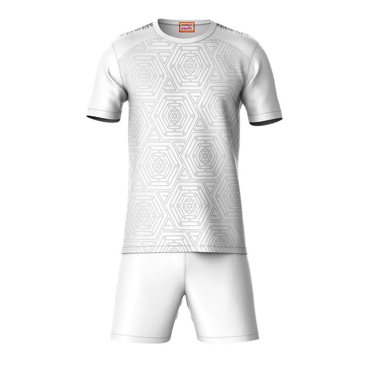 White geometric sports t-shirt with white shorts coord set front view for men
