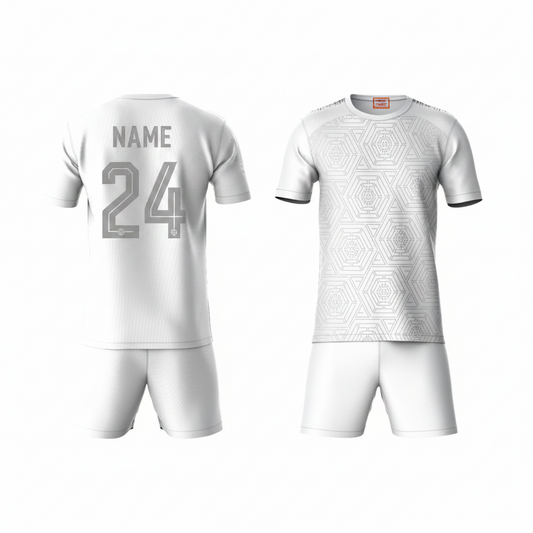 White geometric athletic coord set back side with white shorts