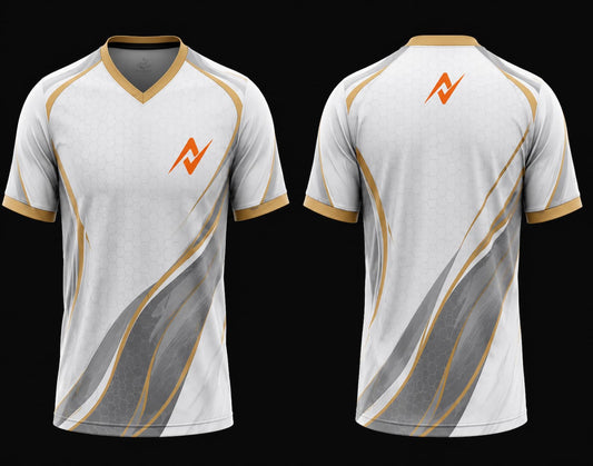 Front and back view of a white and gold V-neck esports gaming jersey with premium silver graphics and custom orange logo on the chest and upper back.