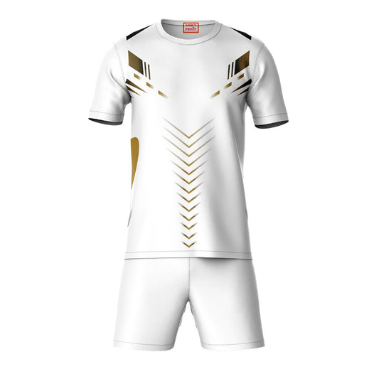 White gold geometric pattern round neck sports t-shirt with white shorts co-ord set front