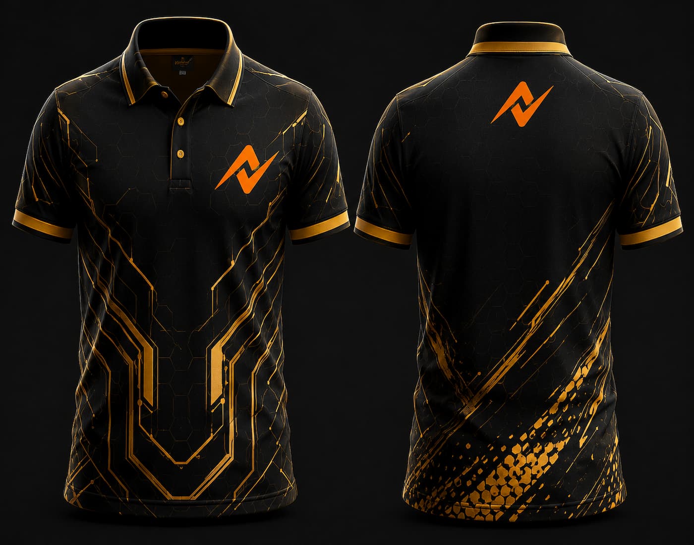 White and gold polo collar esports jersey featuring premium geometric graphics, orange logo on the left chest, and matching logo below the back neckline, front and back mockup.