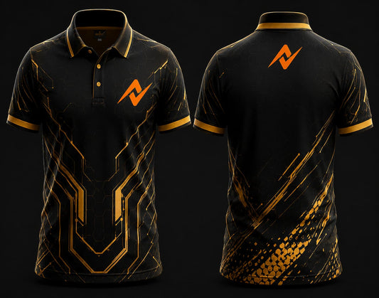 White and gold polo collar esports jersey featuring premium geometric graphics, orange logo on the left chest, and matching logo below the back neckline, front and back mockup.