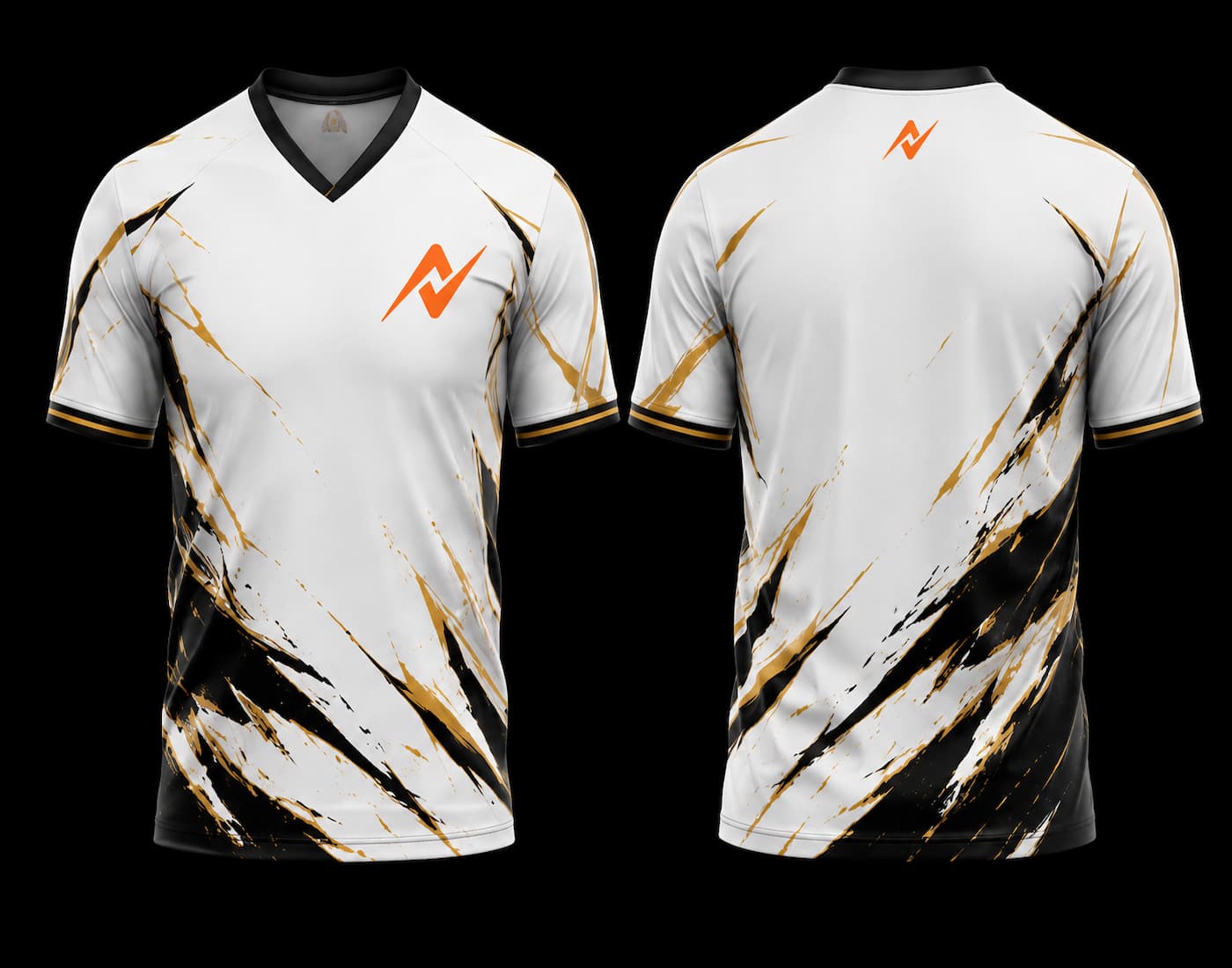 Front and back view of a white and gold V-neck esports jersey with black brushstroke graphics and orange logo on the chest and below the back neckline.
