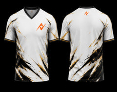 Front and back view of a white and gold V-neck esports jersey with black brushstroke graphics and orange logo on the chest and below the back neckline.