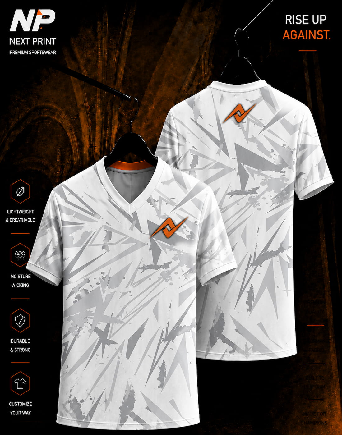 White and grey abstract geometric V-neck sublimation sports jersey front and back by Next Print