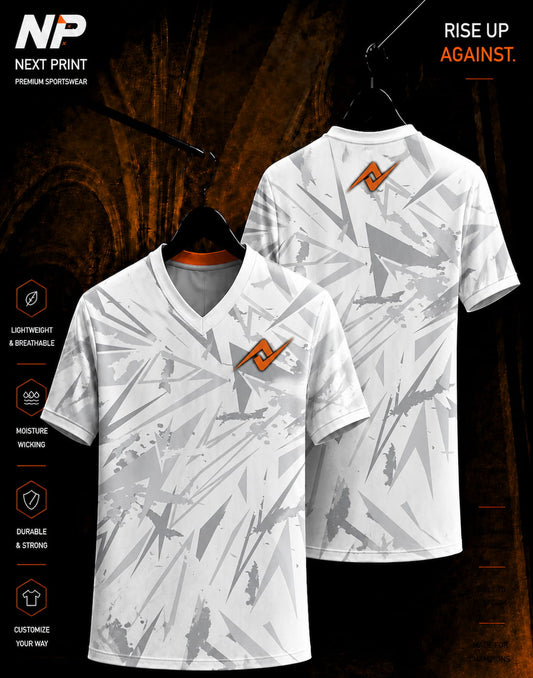 White and grey abstract geometric V-neck sublimation sports jersey front and back by Next Print