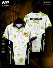 White Lime Urban Shatter sublimation sports jersey with green abstract graphics and black side panels by Next Print