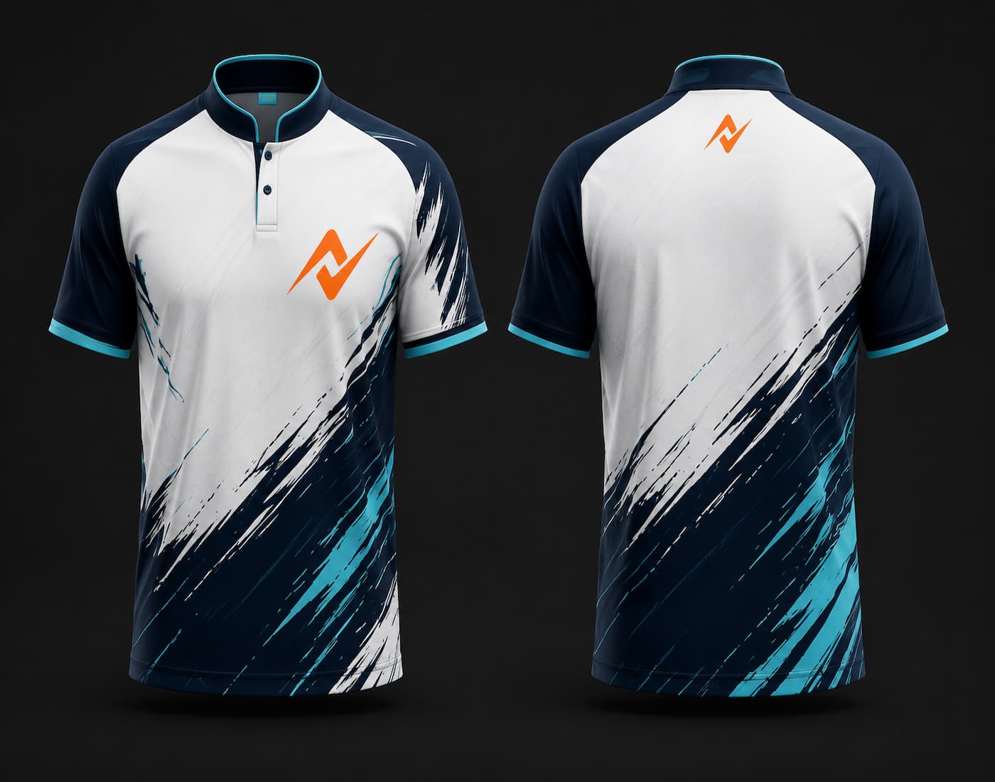White and navy blue Chinese collar esports jersey featuring orange logo on the chest and back neck with modern brushstroke sublimation design shown in front and back view.