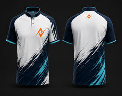 White and navy blue Chinese collar esports jersey featuring orange logo on the chest and back neck with modern brushstroke sublimation design shown in front and back view.