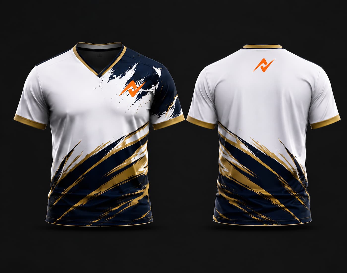 Front and back view of a white, navy blue, and gold V-neck cricket jersey featuring custom chest logo and back neck logo with premium brush-stroke graphics.
