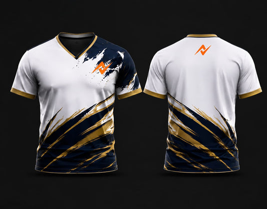 Front and back view of a white, navy blue, and gold V-neck cricket jersey featuring custom chest logo and back neck logo with premium brush-stroke graphics.