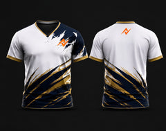 Front and back view of a white, navy blue, and gold V-neck cricket jersey featuring custom chest logo and back neck logo with premium brush-stroke graphics.