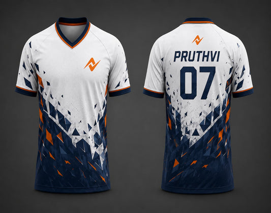 Front and back view of a white and navy geometric V-neck custom cricket jersey with orange accents and customizable name and number.