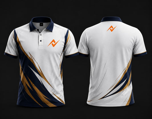 White polo collar esports jersey with navy blue and gold diagonal graphics, custom orange logo on the left chest and below the back collar, front and back mockup.
