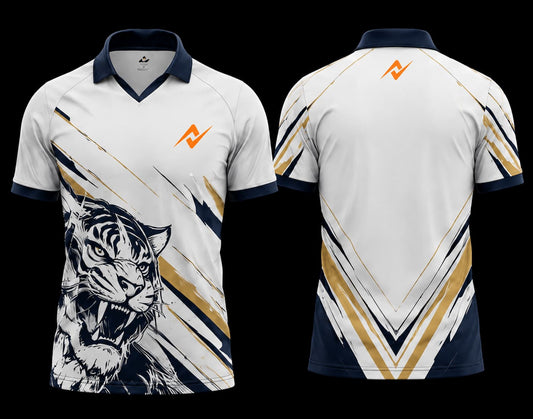 White and navy tiger performance polo sports jersey with gold accents, front and back sublimation design for cricket and esports teams.