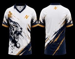White navy and gold V-neck esports jersey featuring a roaring tiger graphic with premium front and back sublimation design.