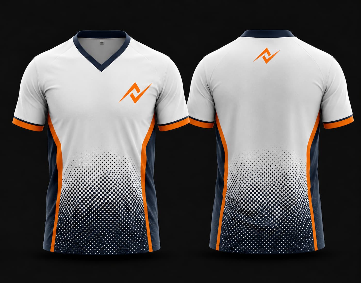Front and back view of a white V-neck cricket jersey with navy and orange accents, featuring a gradient dot pattern and custom team logo.