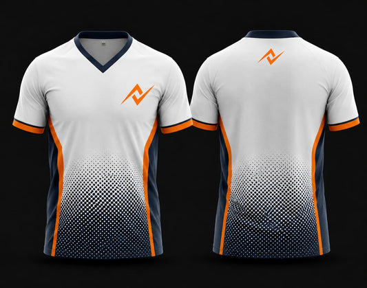 Front and back view of a white V-neck cricket jersey with navy and orange accents, featuring a gradient dot pattern and custom team logo.