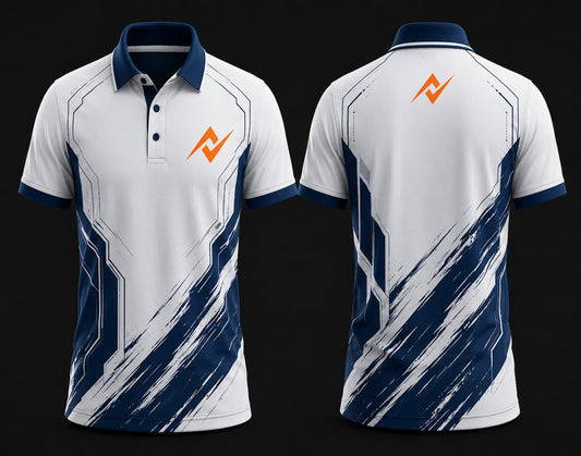White and navy polo collar esports jersey featuring futuristic geometric and brushstroke graphics with an orange logo on the left chest and below the back neck, front and back mockup.