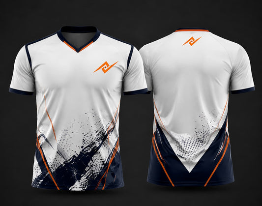 Front and back view of a white and navy custom V-neck cricket jersey featuring navy and orange brush-stroke graphics, custom chest logo, and back neck logo.