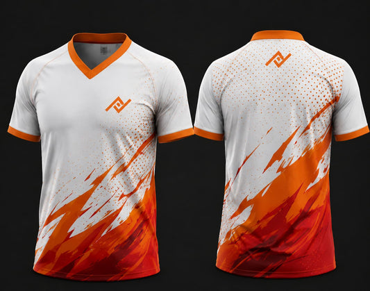 Front and back view of a white V-neck cricket jersey featuring orange and red flame graphics with an orange logo on the left chest and below the back neckline.
