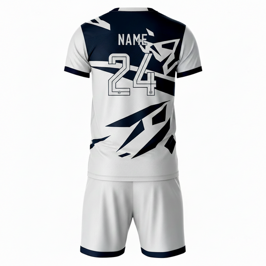 White pattern sports jersey with white shorts back view