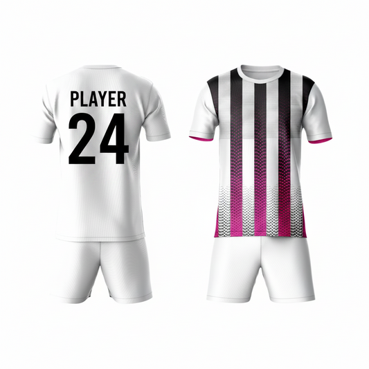White pink vertical striped activewear t-shirt with white shorts back view