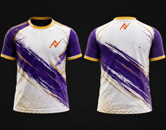 White purple and gold round neck cricket jersey with abstract brush stroke design, front and back view, premium custom sports team jersey.