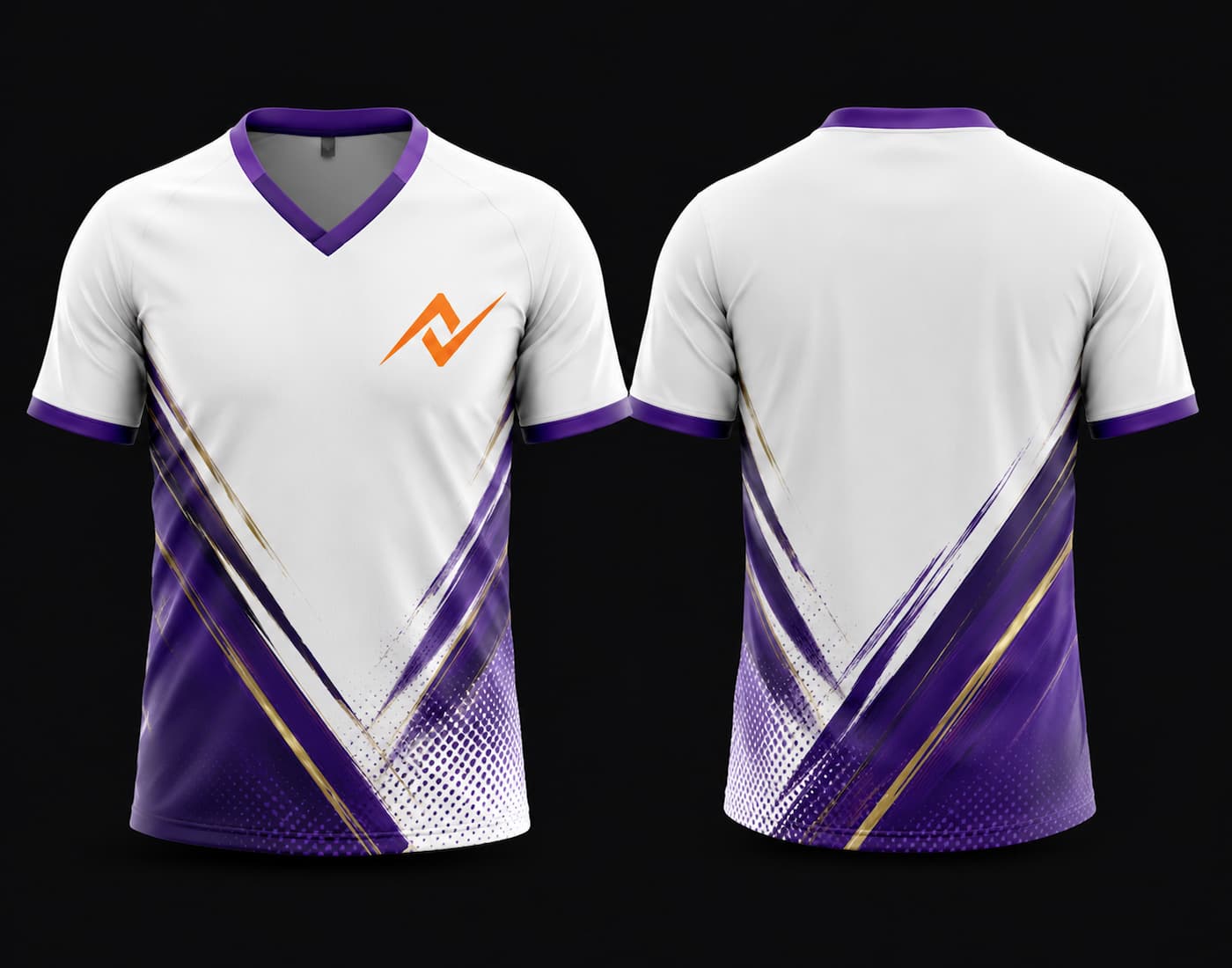 White and purple V-neck cricket jersey front and back with modern sublimation design and blank back.