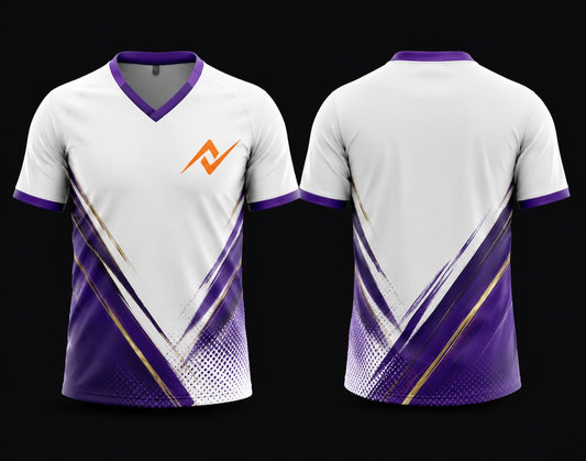 White and purple V-neck cricket jersey front and back with modern sublimation design and blank back.