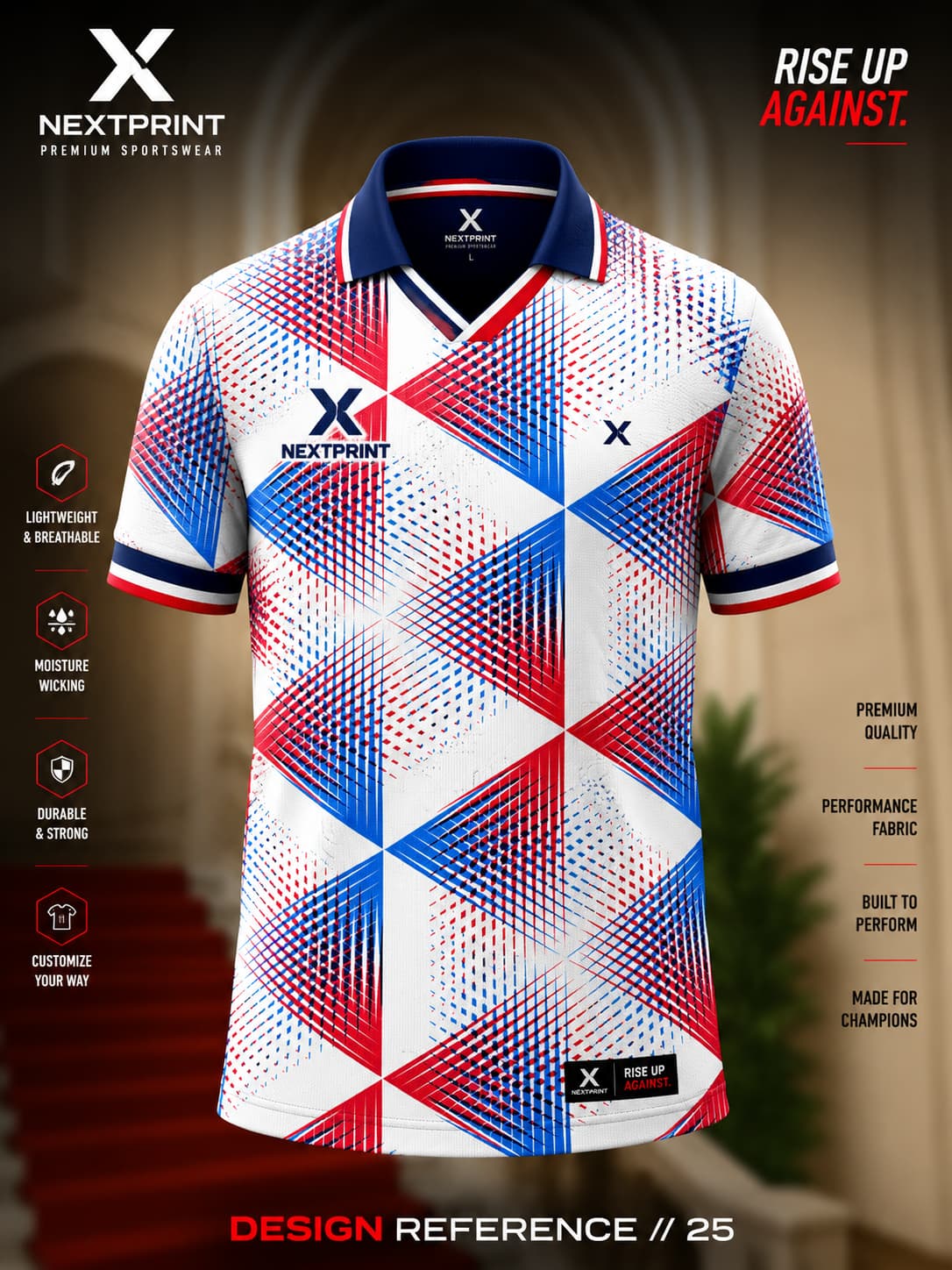 White V-neck cricket jersey featuring red and blue geometric triangle graphics with premium moisture-wicking performance fabric.