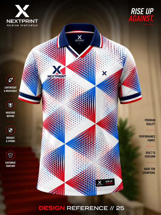 White V-neck cricket jersey featuring red and blue geometric triangle graphics with premium moisture-wicking performance fabric.