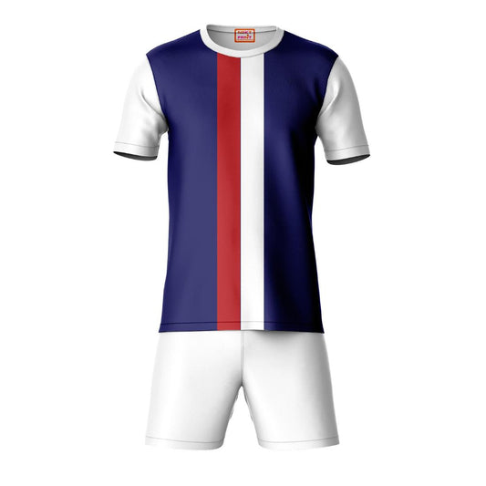 White red blue vertical stripe sports t-shirt with white shorts co-ord set front view