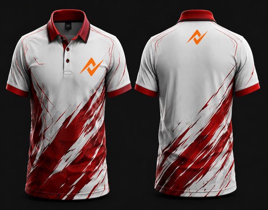 White and red polo collar esports jersey with bold crimson brushstroke graphics, orange logo on the left chest, and matching logo below the back neckline, front and back mockup.