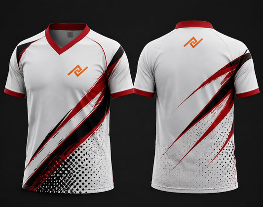 Front and back view of a white V-neck cricket jersey featuring bold red and black slash graphics with an orange logo on the left chest and below the back neckline.