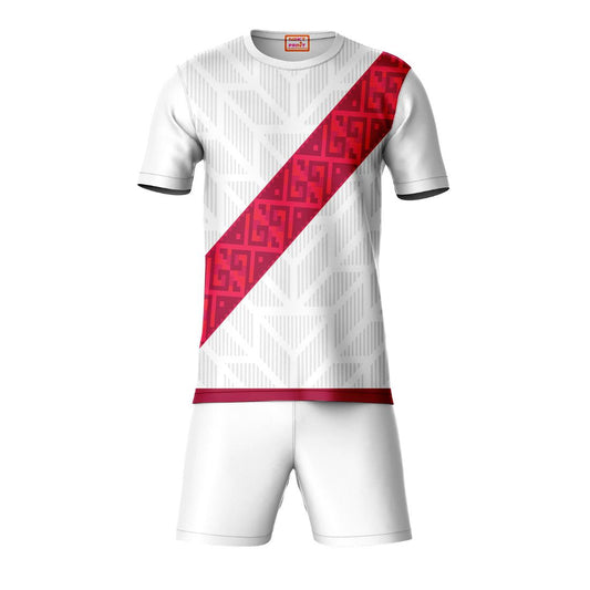White red sports t-shirt with white shorts coord set front view for men