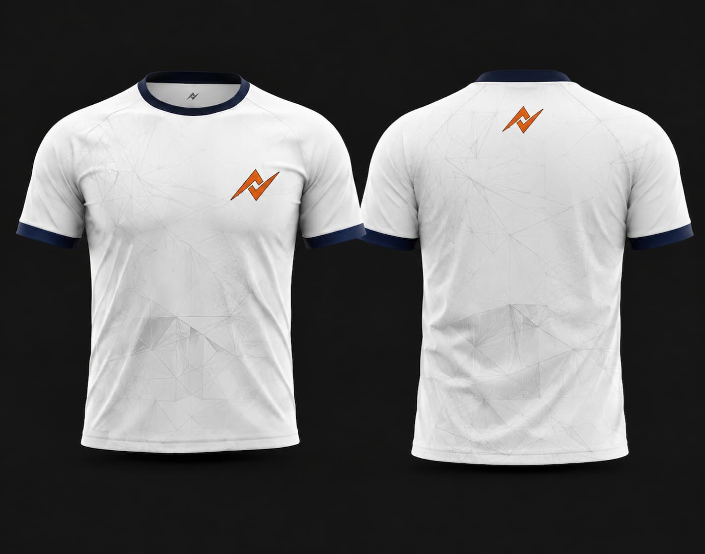 Front and back view of a white round neck cricket jersey featuring a subtle geometric pattern, navy blue collar and sleeve cuffs, and orange logo placement.